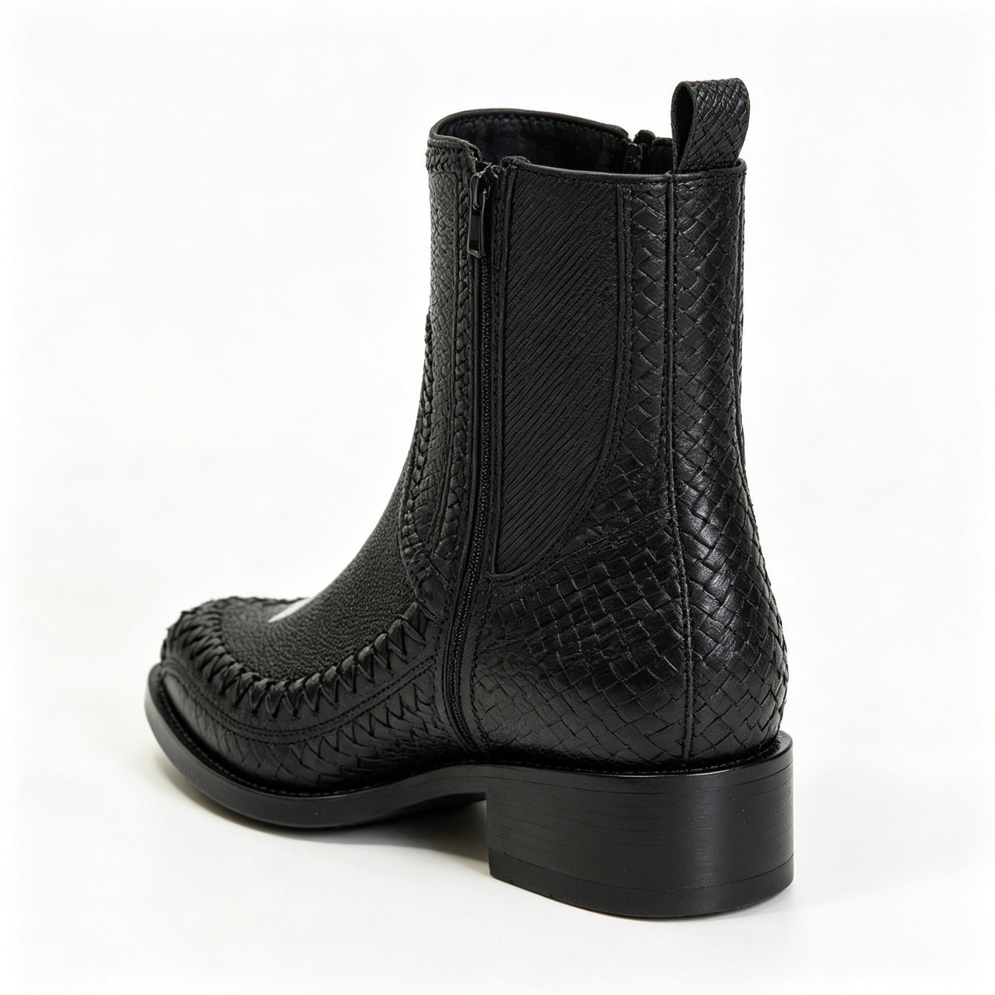 Men Black Stingray Woven Western Chelsea Ankle Boots