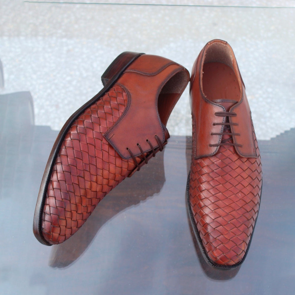 Genuine Brown Woven Leather Men Formal Oxford Dress Shoes