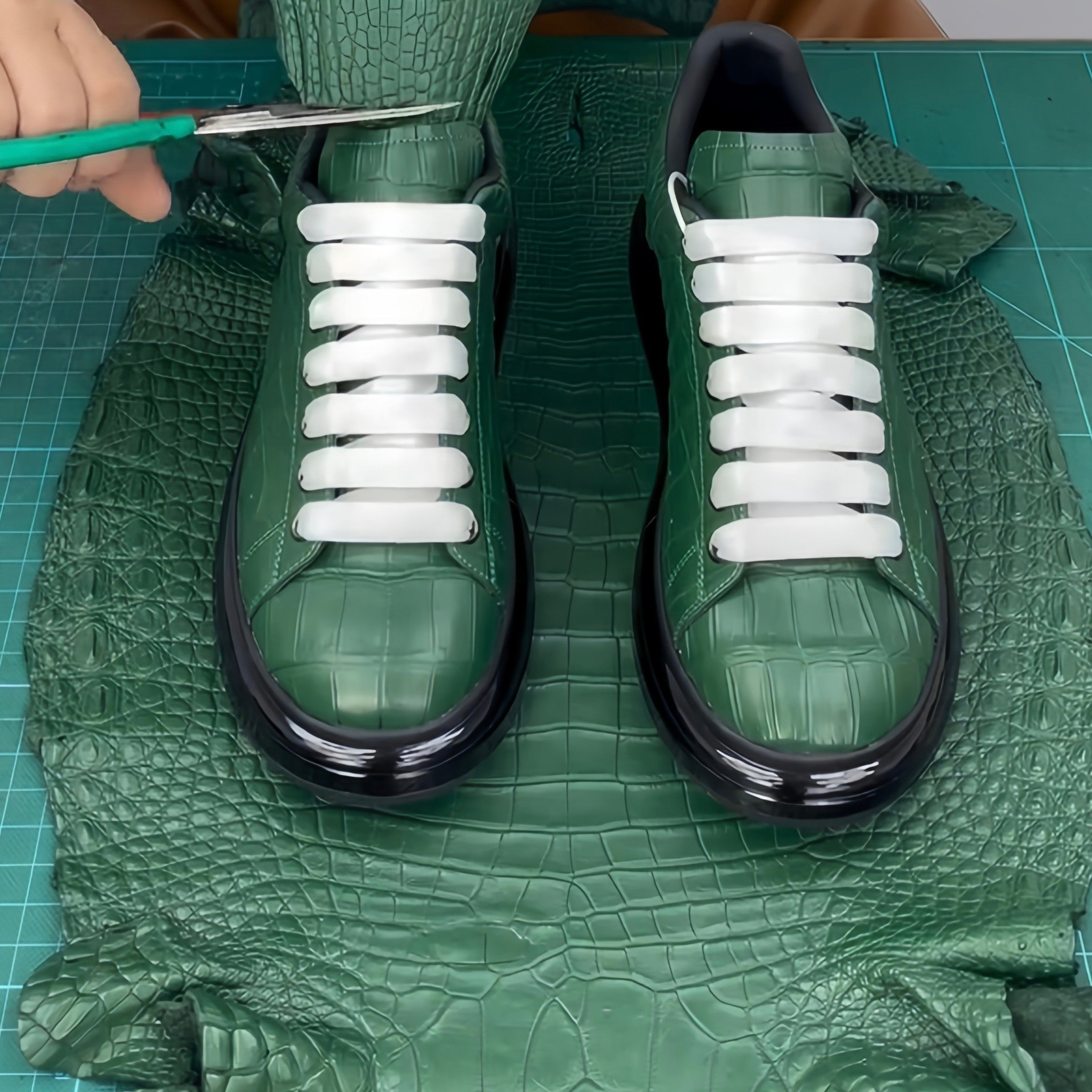Men's Green Glossy Alligator Lace-Up Sneakers
