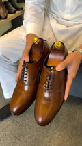 Men's Polished Brown Cap-toe Oxford Shoes - Leather Formal Dress Shoes For Business