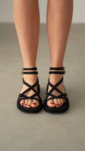 Platform Gladiator Sandals, Black Strappy Wedge Sandals With Chain Ankle Detail