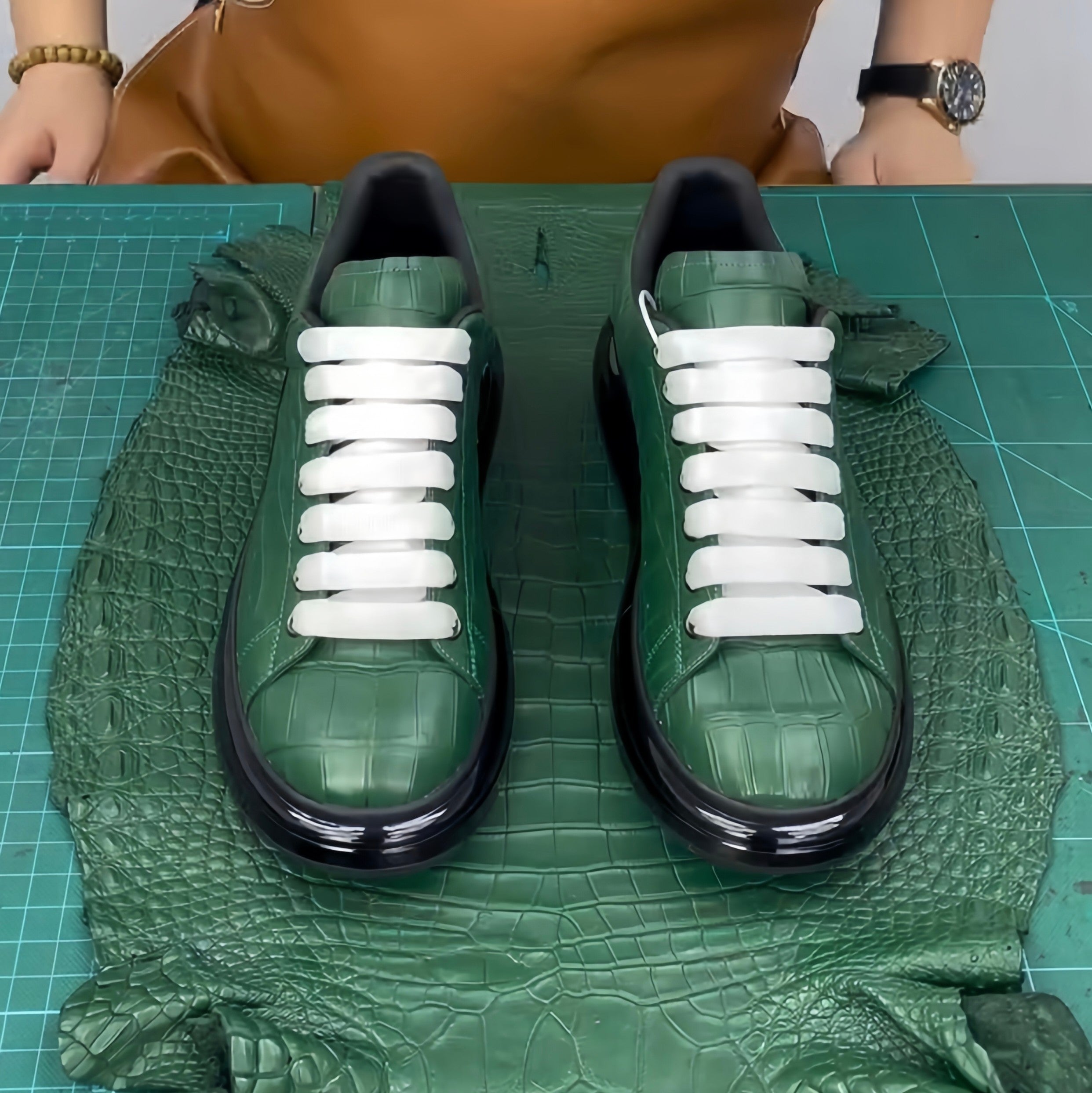 Men's Green Glossy Alligator Lace-Up Sneakers
