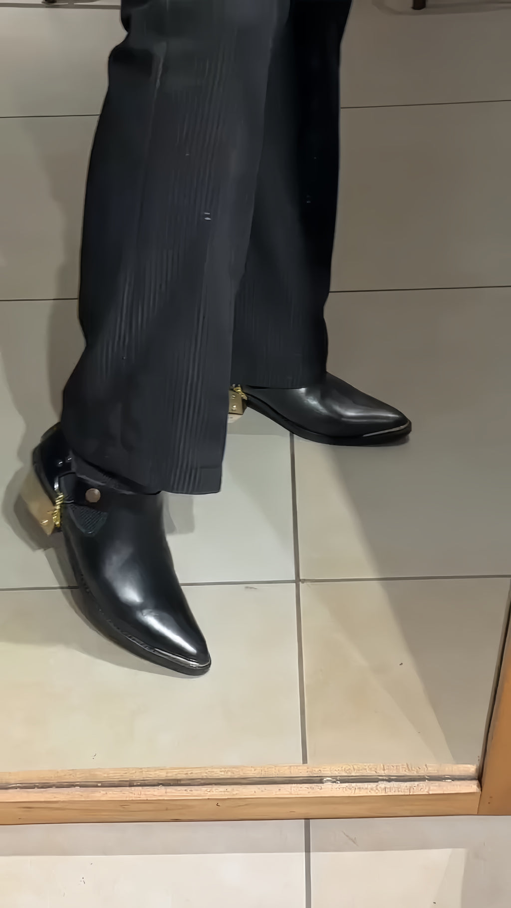 Pointed Toe Chelsea Boots, Black Leather Western Ankle Boots With Gold Heel