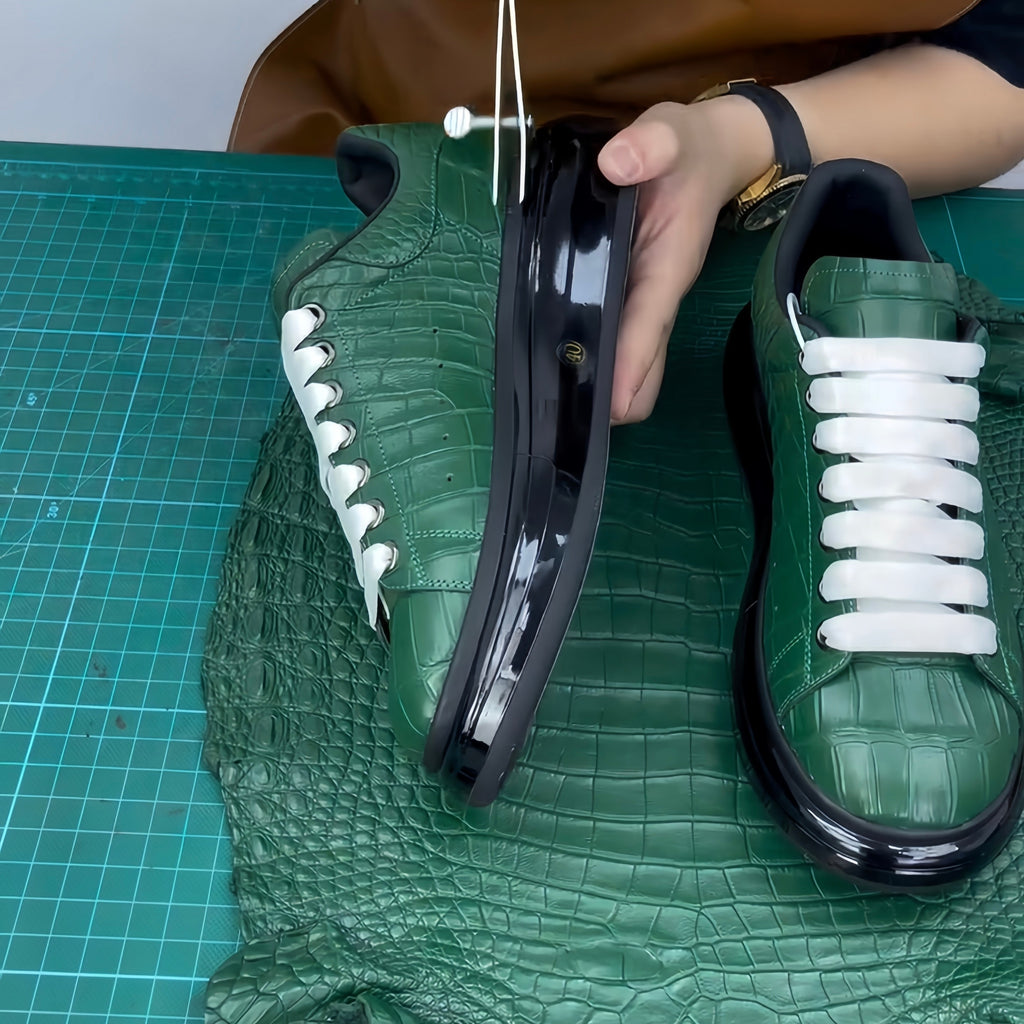 Men's Green Glossy Alligator Lace-Up Sneakers