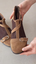 Retro Suede Mesh Buckle Ankle Boots, Breathable Cutout Booties For Women