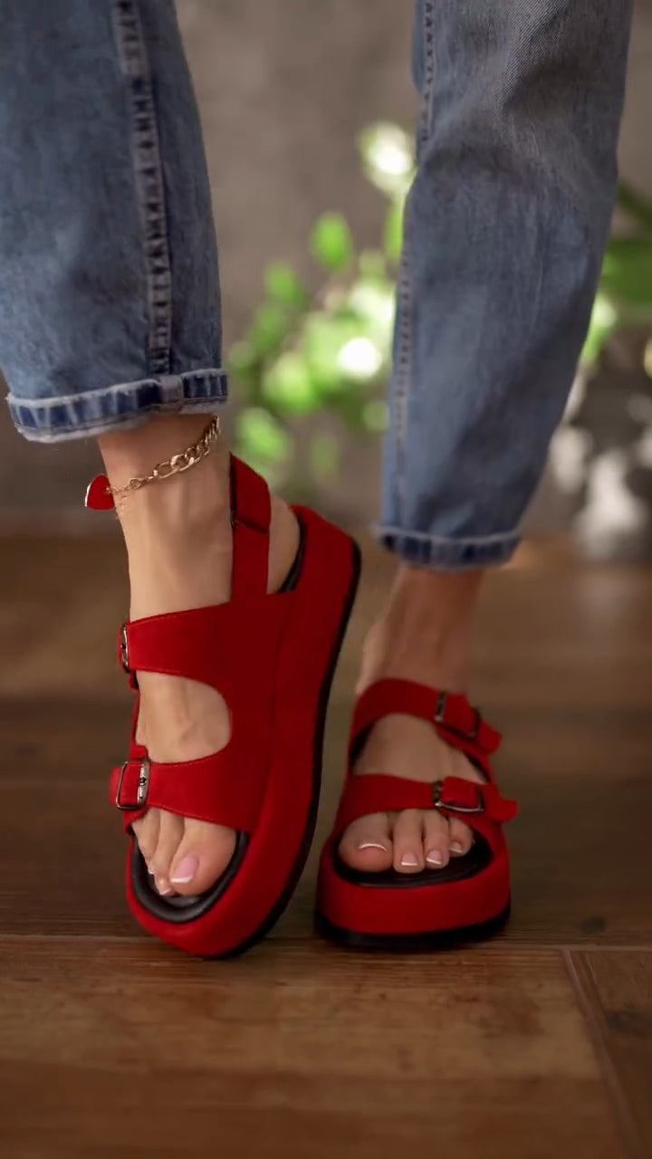 Women's Red Suede Chunky Platform Sandals Adjustable Two-Strap Open Toe Summer Shoes