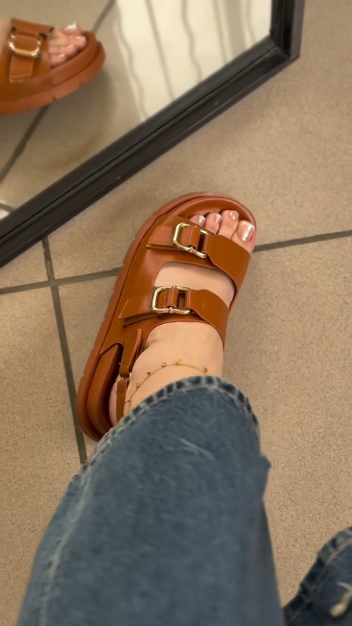 Women's Brown Leather Double Buckle Platform Sandals Casual Adjustable Strap