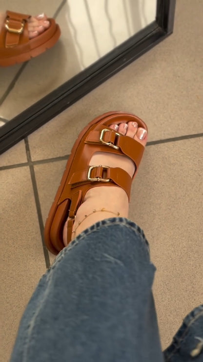 Women's Brown Leather Double Buckle Platform Sandals Casual Adjustable Strap