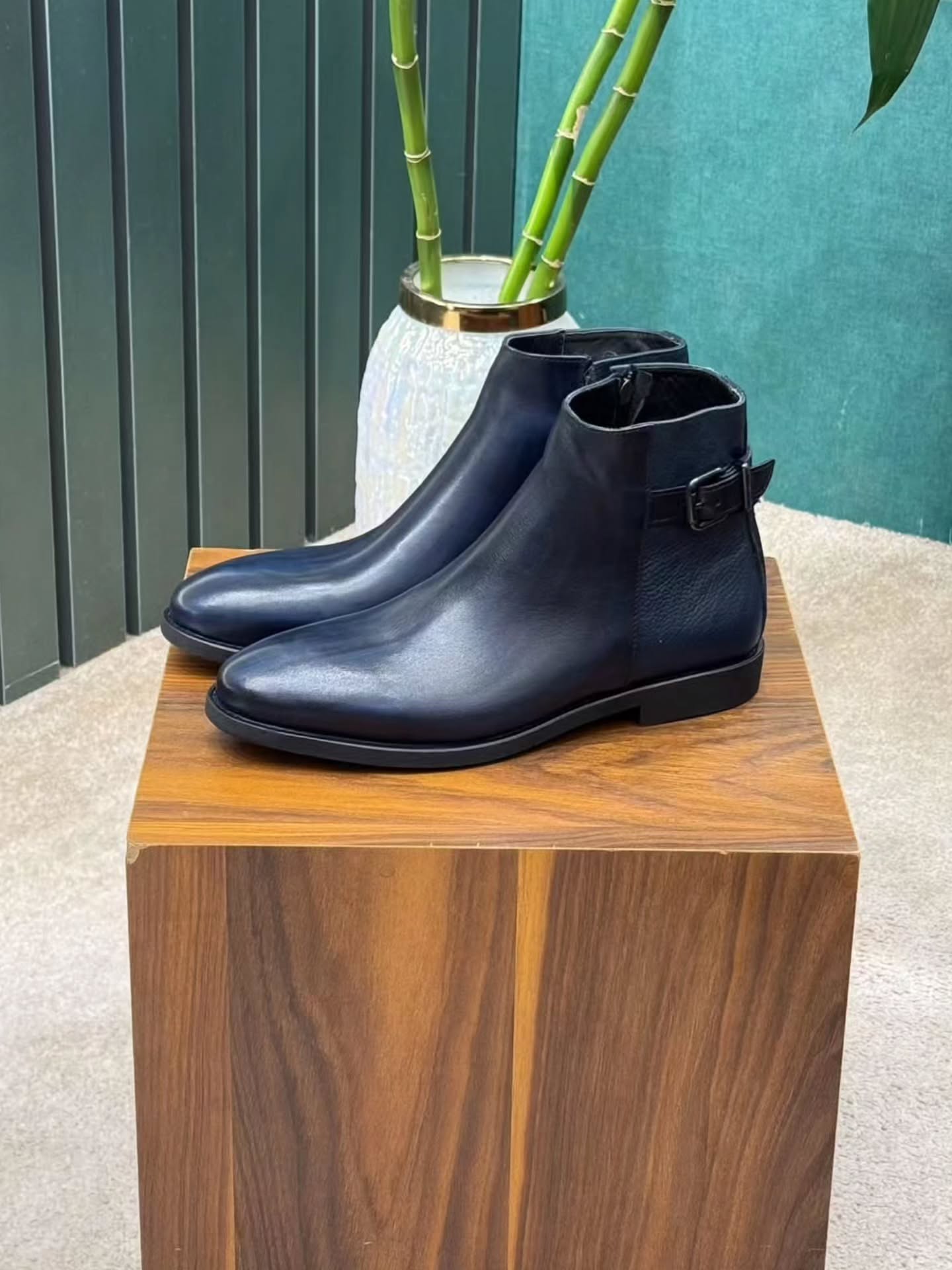 Men's Navy Blue Leather Jodhpur Boots - Buckle Strap Side Zip Dress Ankle Boots