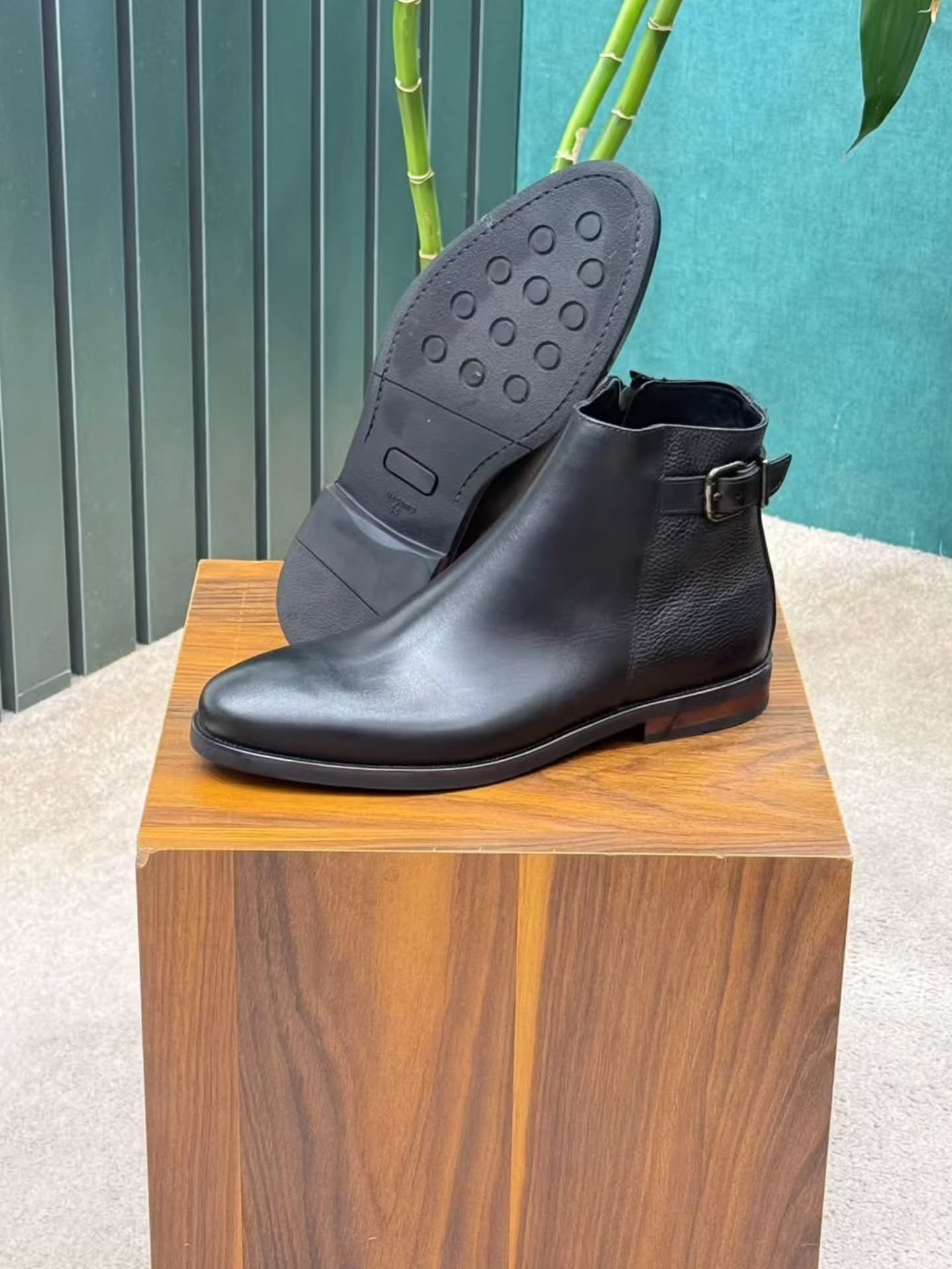 Men's Navy Blue Leather Jodhpur Boots - Buckle Strap Side Zip Dress Ankle Boots