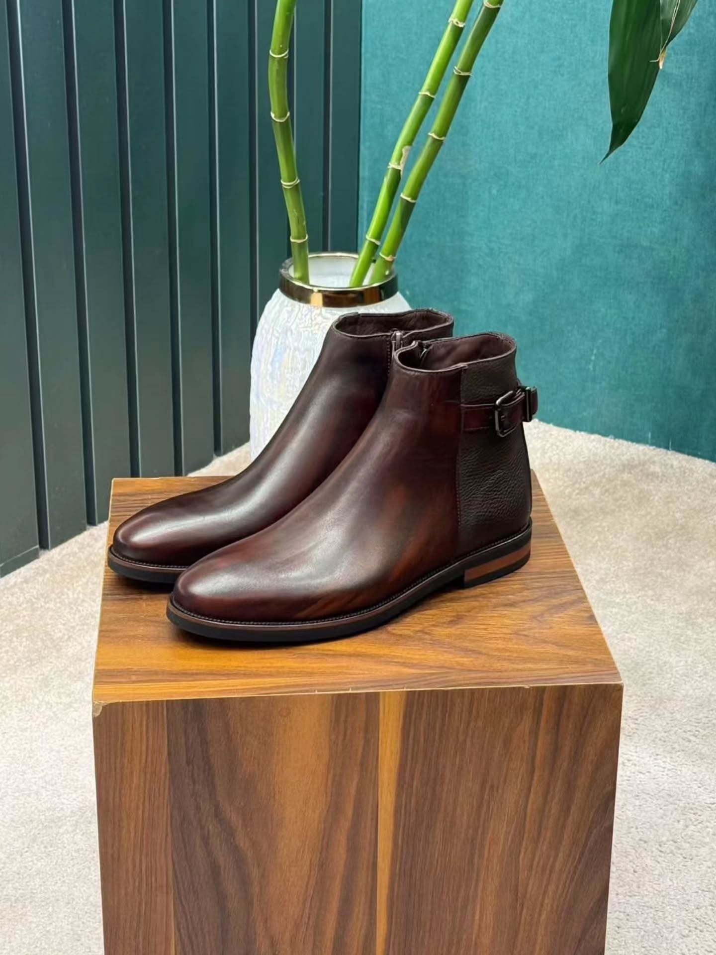 Men's Navy Blue Leather Jodhpur Boots - Buckle Strap Side Zip Dress Ankle Boots