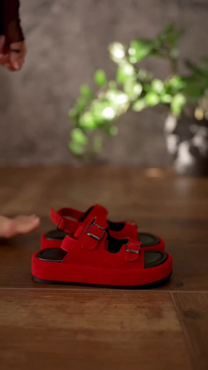 Women's Red Suede Chunky Platform Sandals Adjustable Two-Strap Open Toe Summer Shoes