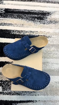 Verdancer Men’s Suede Braided Strap Buckle Mules, Blue Open-Toe Casual Slip-On Clogs