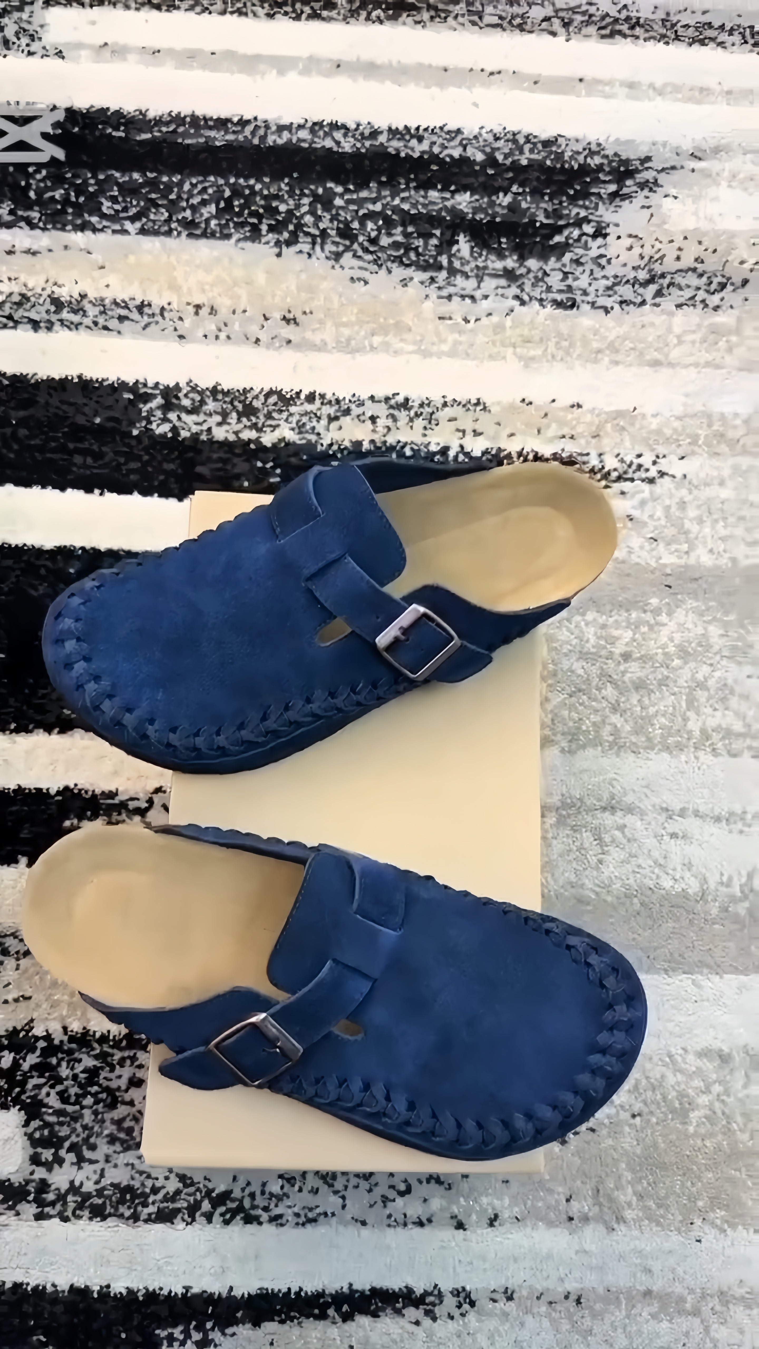 Verdancer Men’s Suede Braided Strap Buckle Mules, Blue Open-Toe Casual Slip-On Clogs