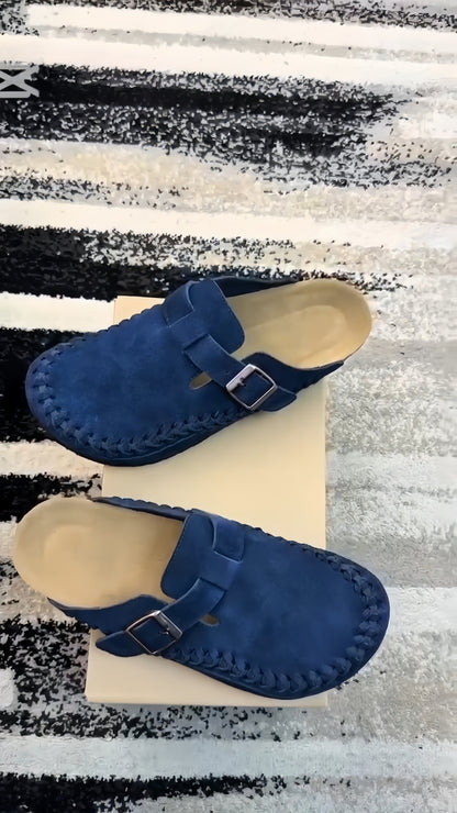 Verdancer Men’s Suede Braided Strap Buckle Mules, Blue Open-Toe Casual Slip-On Clogs