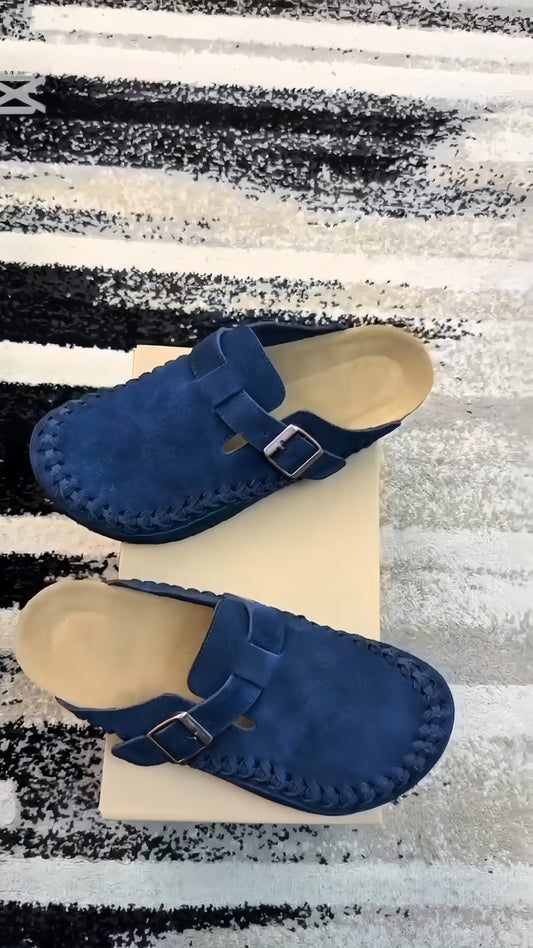 Verdancer Men’s Suede Braided Strap Buckle Mules, Blue Open-Toe Casual Slip-On Clogs