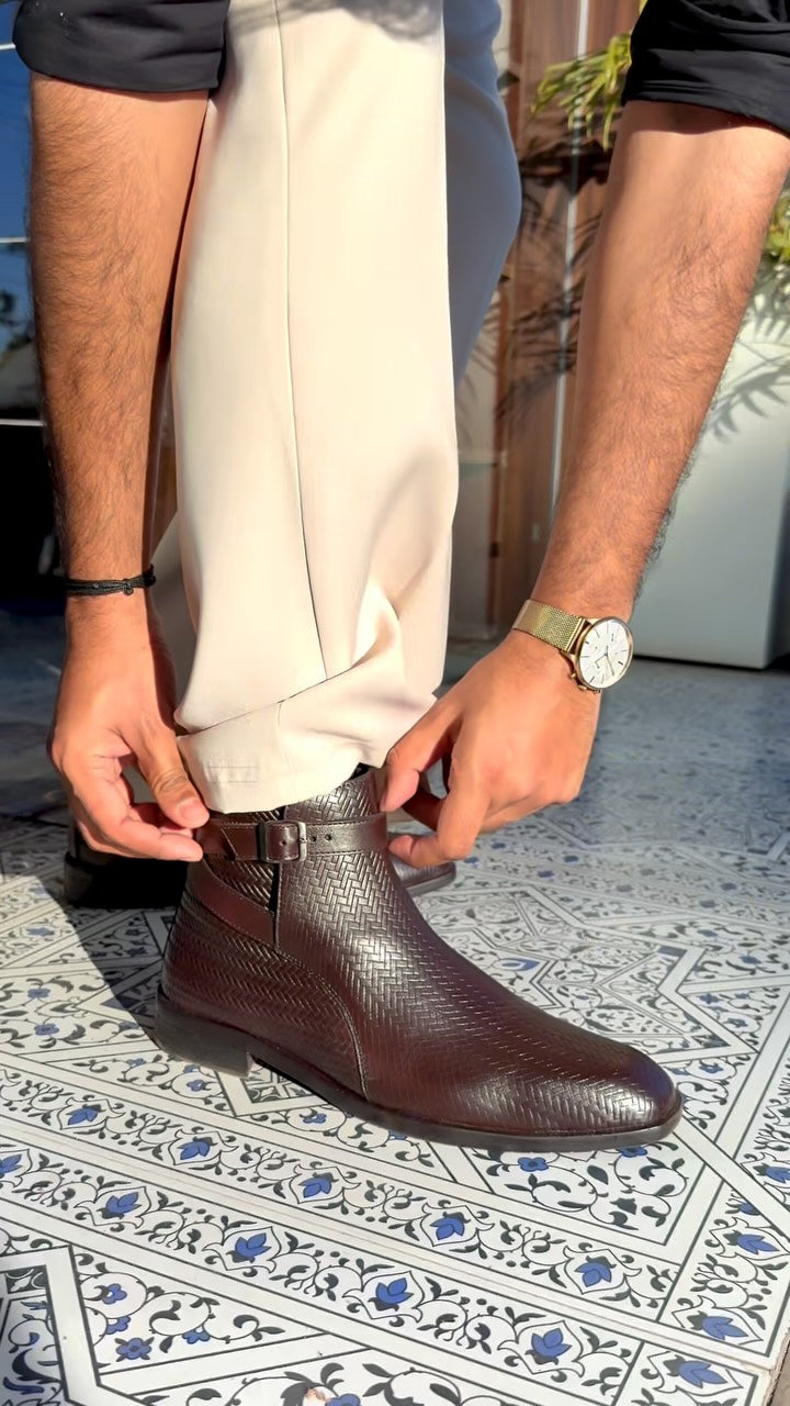 Men Dark Textured Leather Buckle Chelsea Ankle Boots