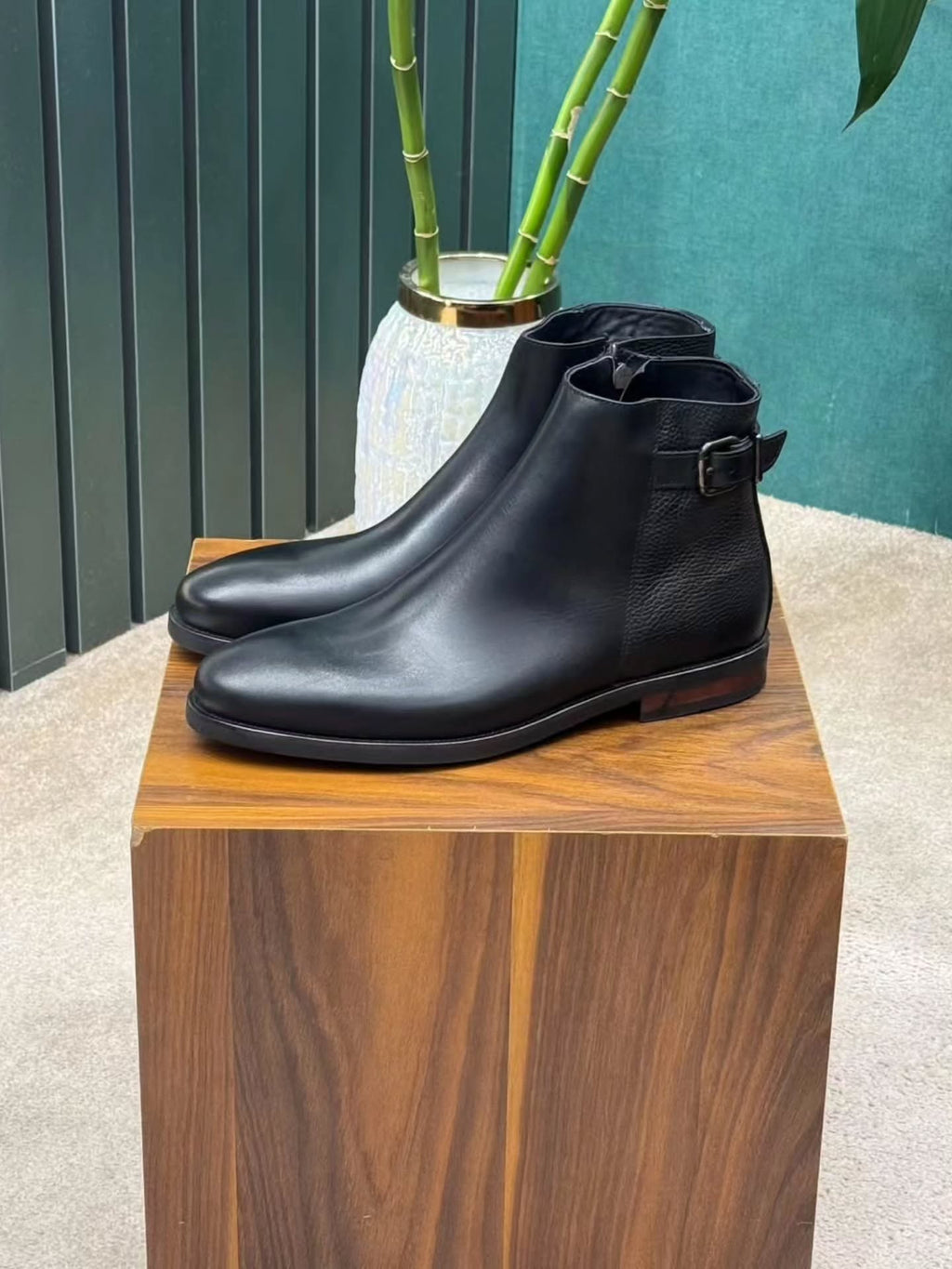 Men's Navy Blue Leather Jodhpur Boots - Buckle Strap Side Zip Dress Ankle Boots