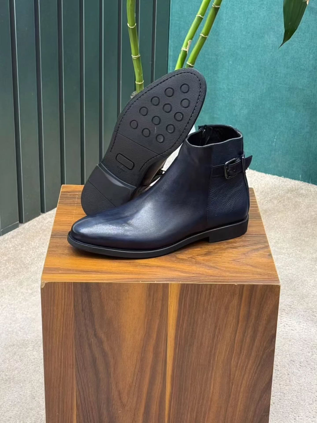 Men's Navy Blue Leather Jodhpur Boots - Buckle Strap Side Zip Dress Ankle Boots