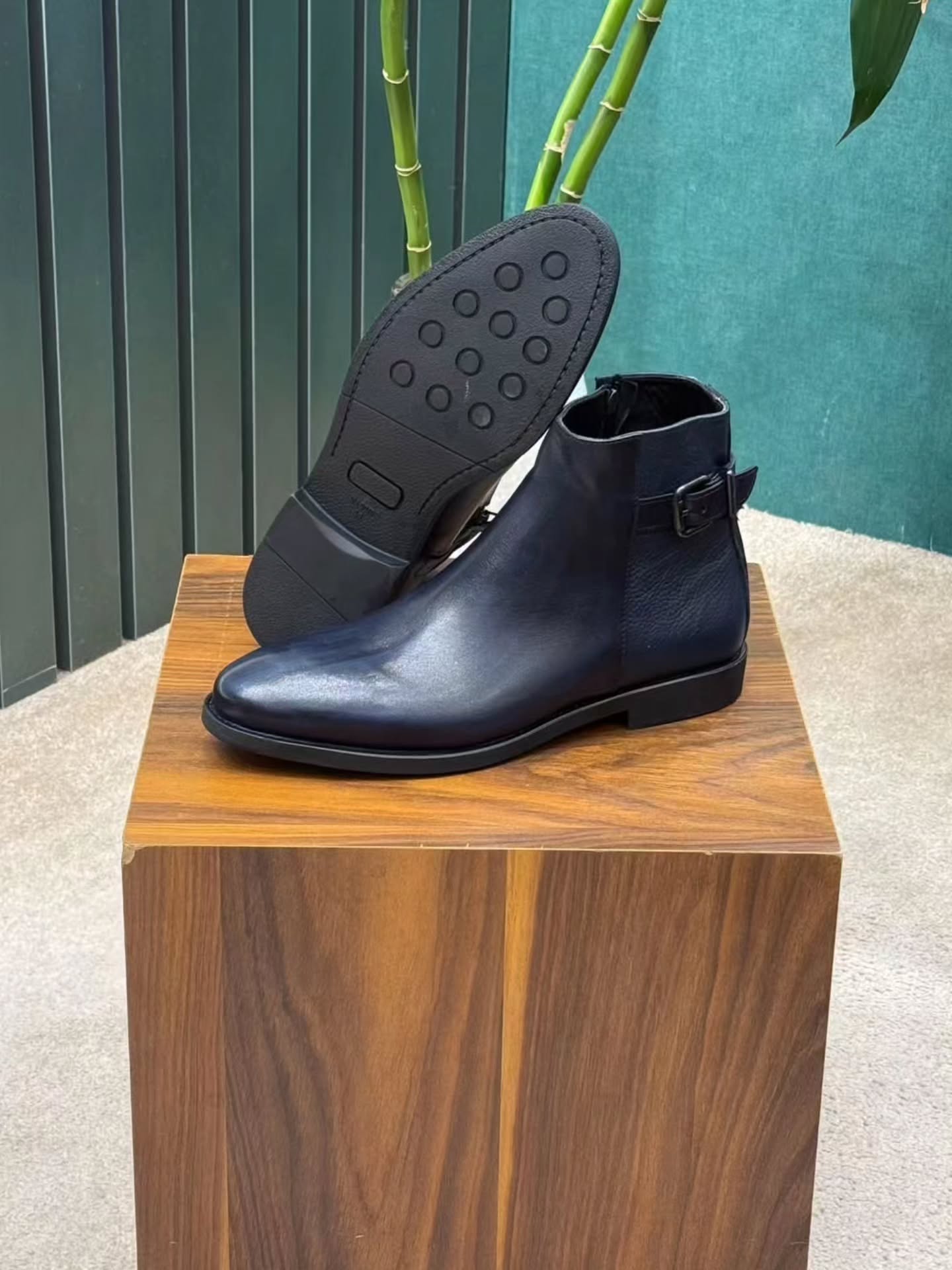 Men's Navy Blue Leather Jodhpur Boots - Buckle Strap Side Zip Dress Ankle Boots
