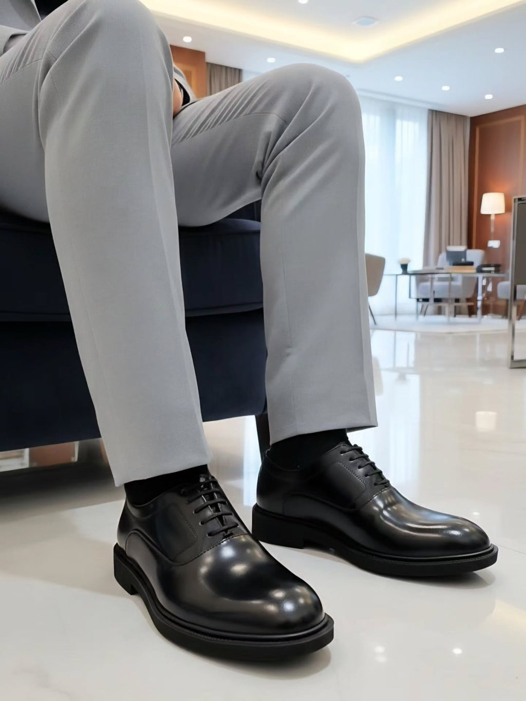 Men's Chunky Sole Oxford Shoes Black Leather Comfortable Formal Shoes