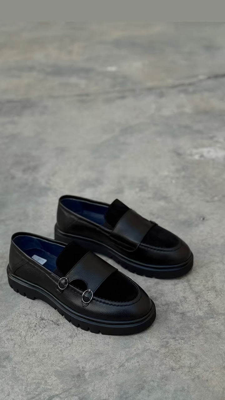 Navy Suede & Leather Buckle Strap Loafers