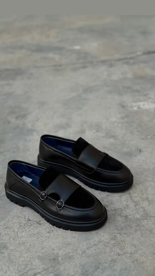 Navy Suede & Leather Buckle Strap Loafers