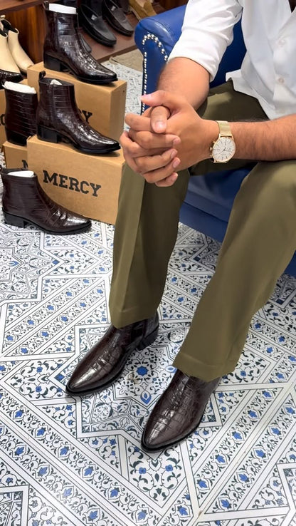 Men's Crocodile-Embossed Pointed Heel Chelsea Boots