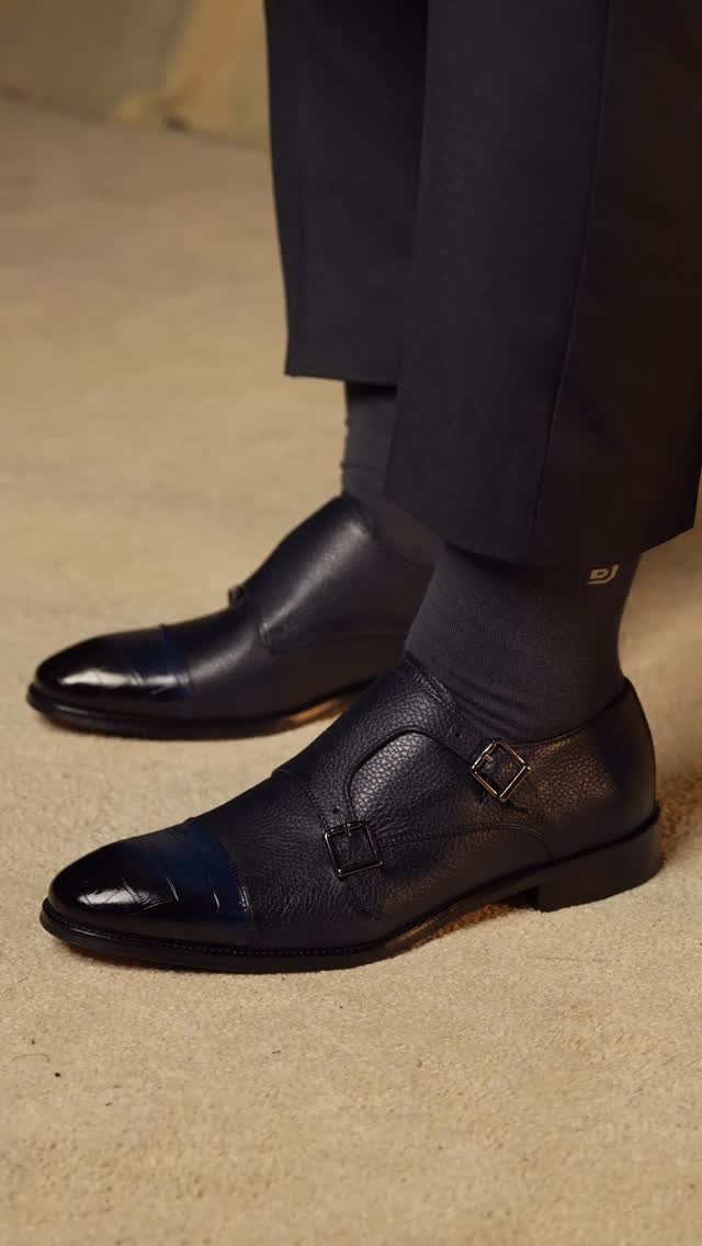 Men's Black & Navy Two-tone Monk Strap Shoes - Leather Formal Dress Shoes