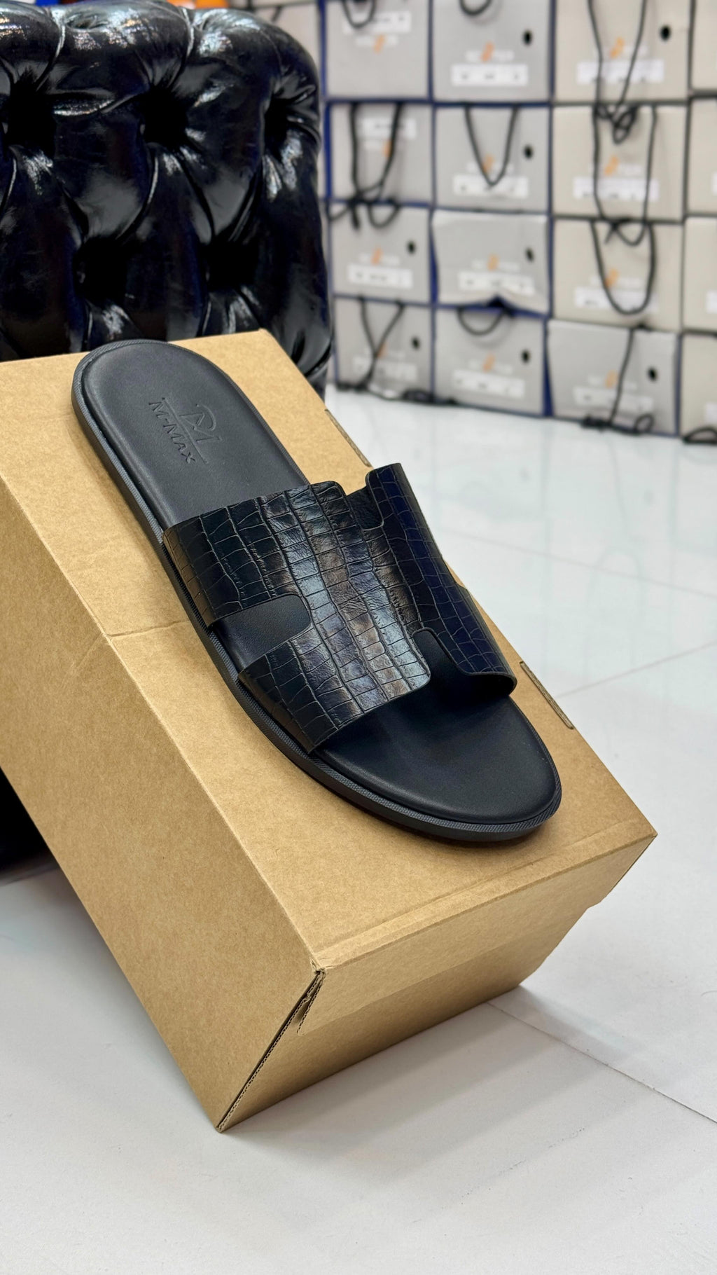 Men's Black Croc-Embossed Leather Slide Sandals - Luxury Open-Toe