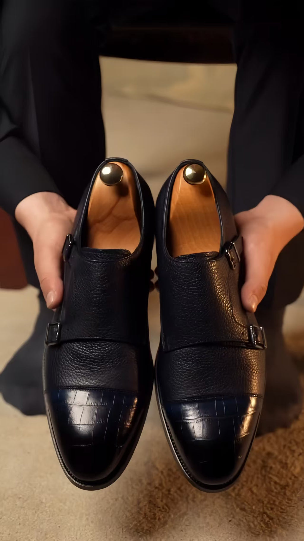 Men's Black & Navy Two-tone Monk Strap Shoes - Leather Formal Dress Shoes