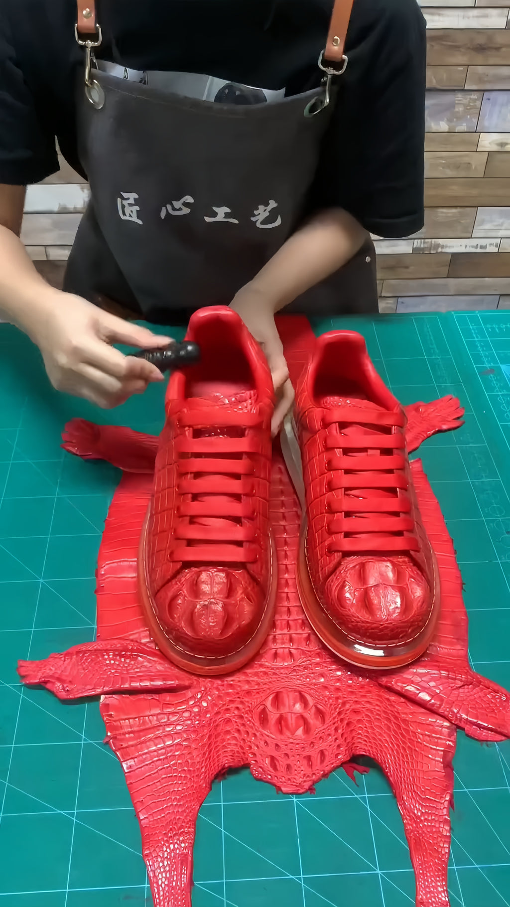 Luxury Crocodile Embossed Red Leather Sneakers, Men's Premium Business Shoes