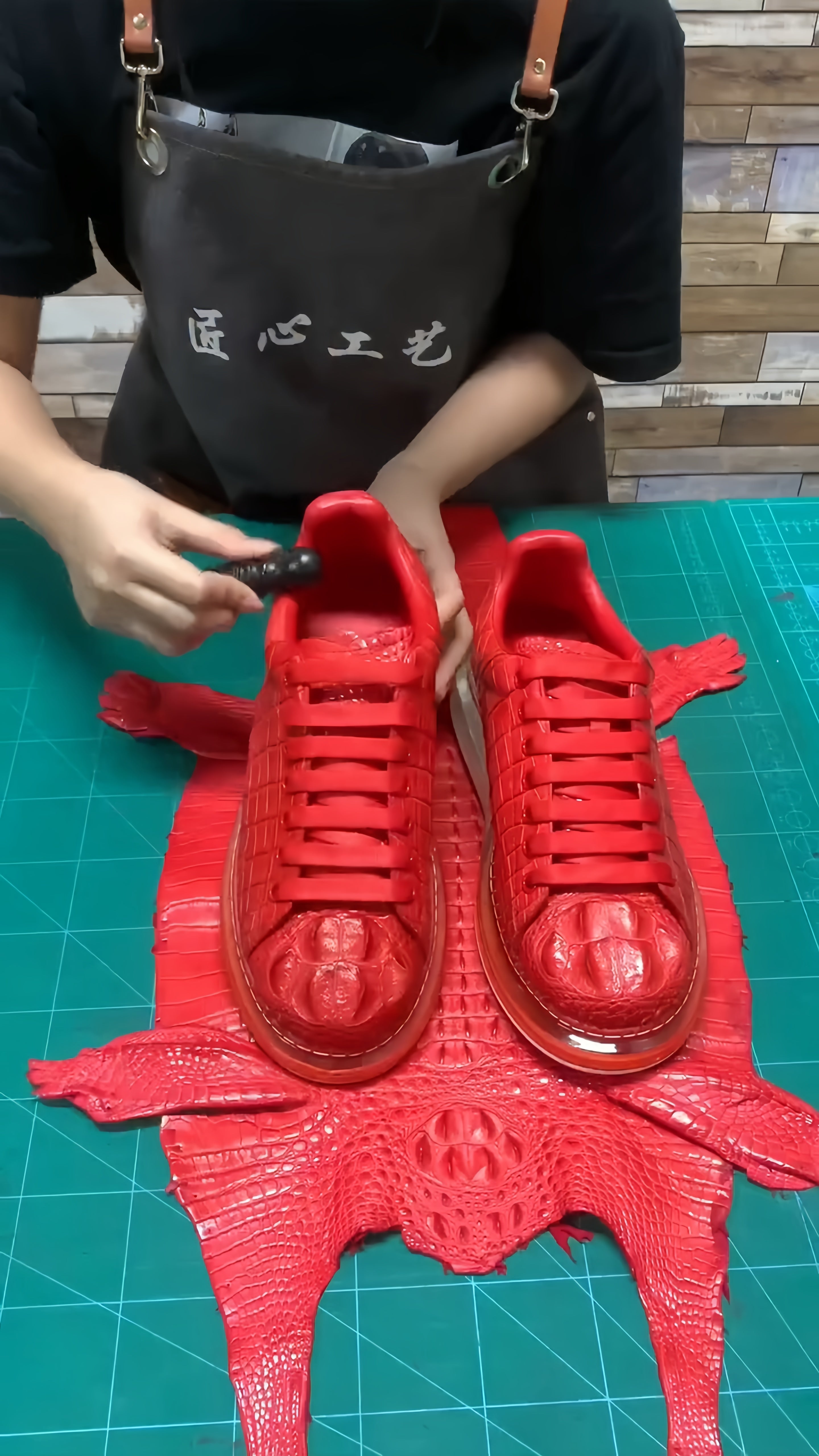 Luxury Crocodile Embossed Red Leather Sneakers, Men's Premium Business Shoes