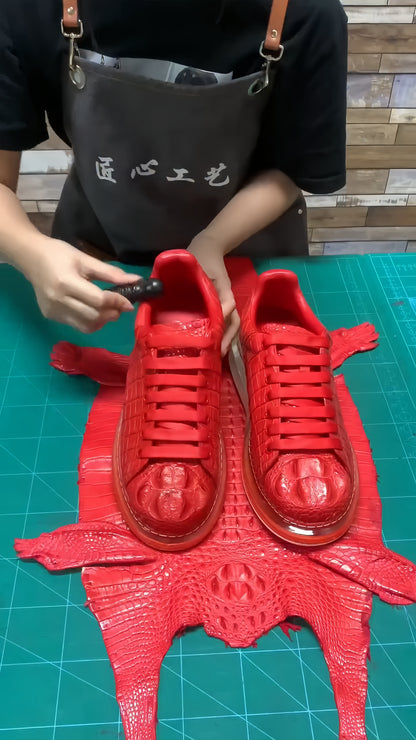 Luxury Crocodile Embossed Red Leather Sneakers, Men's Premium Business Shoes