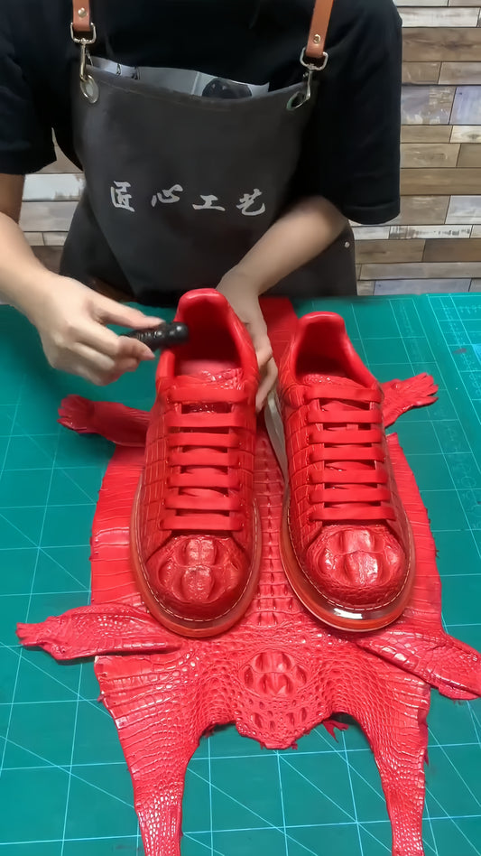 Luxury Crocodile Embossed Red Leather Sneakers, Men's Premium Business Shoes