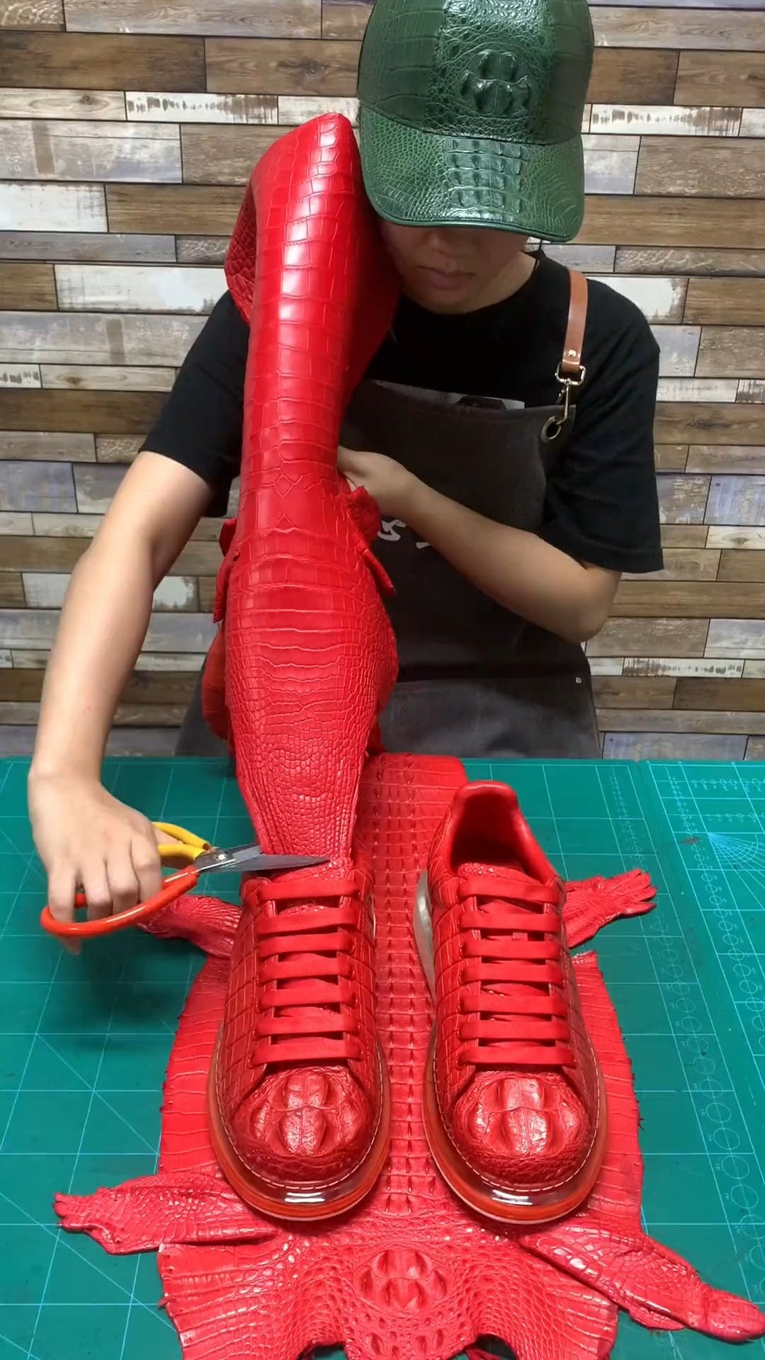 Luxury Crocodile Embossed Red Leather Sneakers, Men's Premium Business Shoes