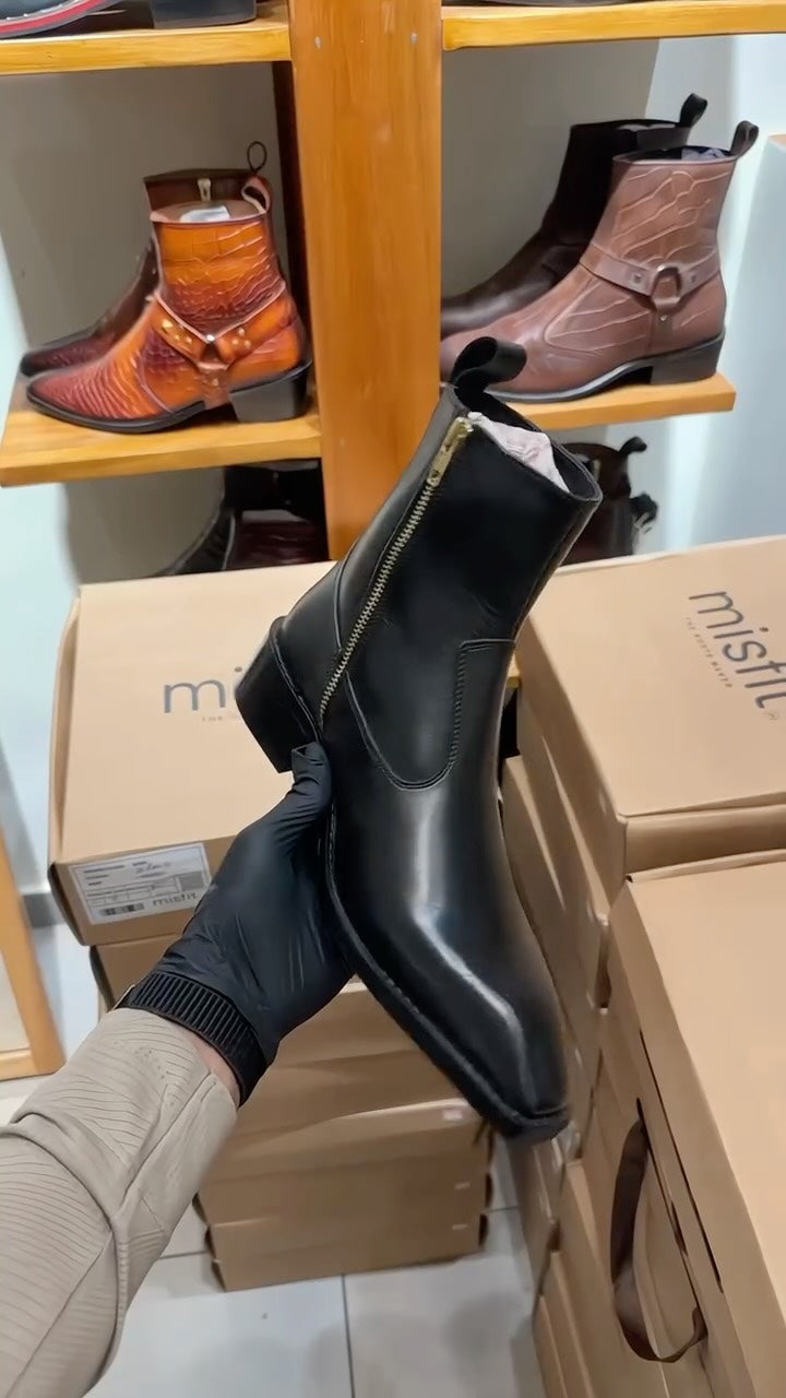 Smooth Black Leather Western Chelsea Boots-Men's Ankle Boots