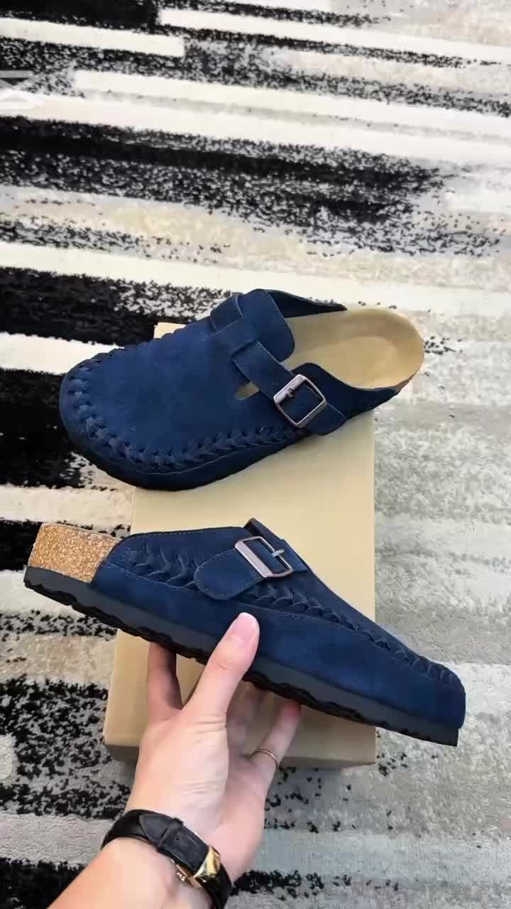 Verdancer Men’s Suede Braided Strap Buckle Mules, Blue Open-Toe Casual Slip-On Clogs