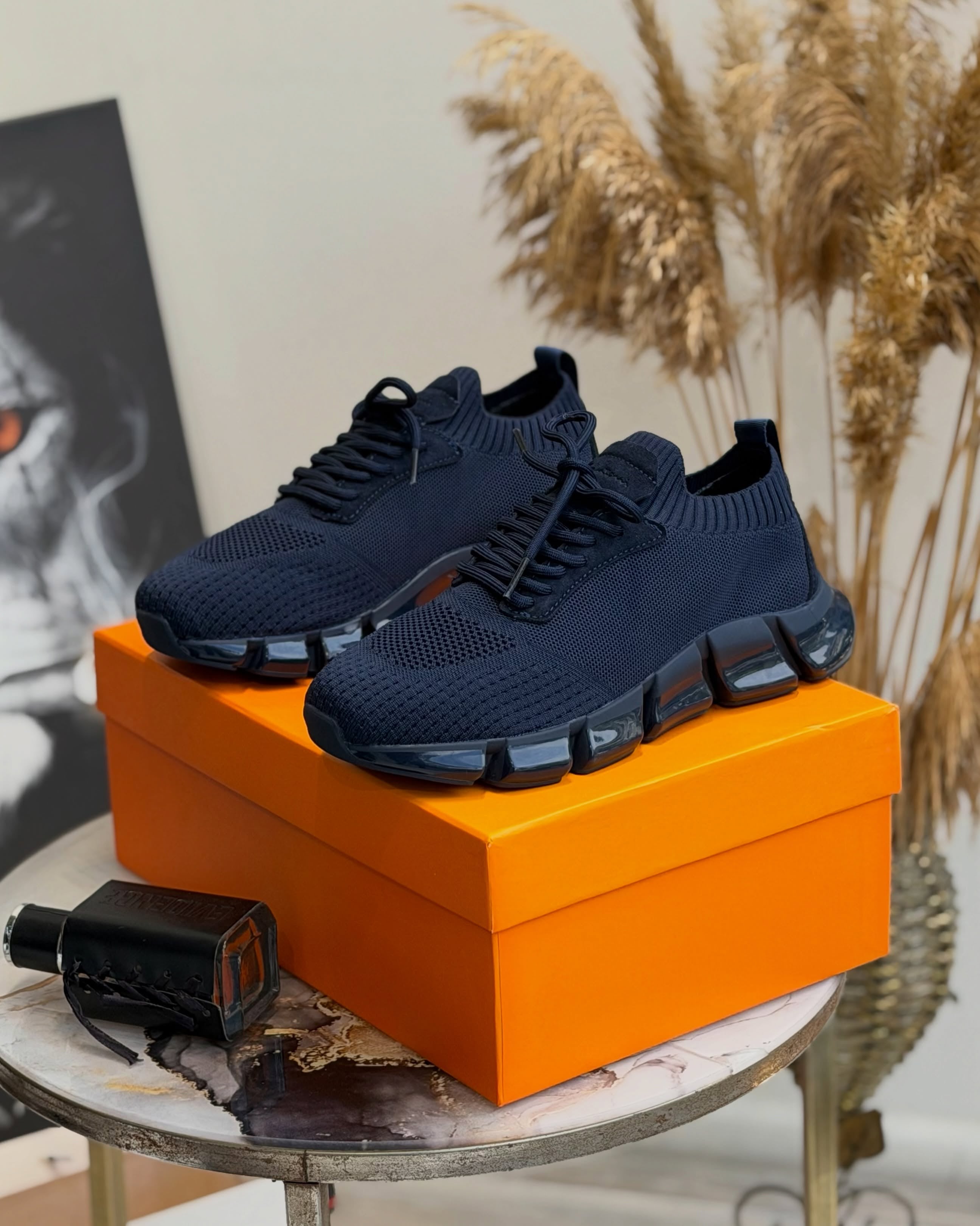 Men's Navy Mesh Knit Sneakers - Breathable Air Cushion Running Shoes