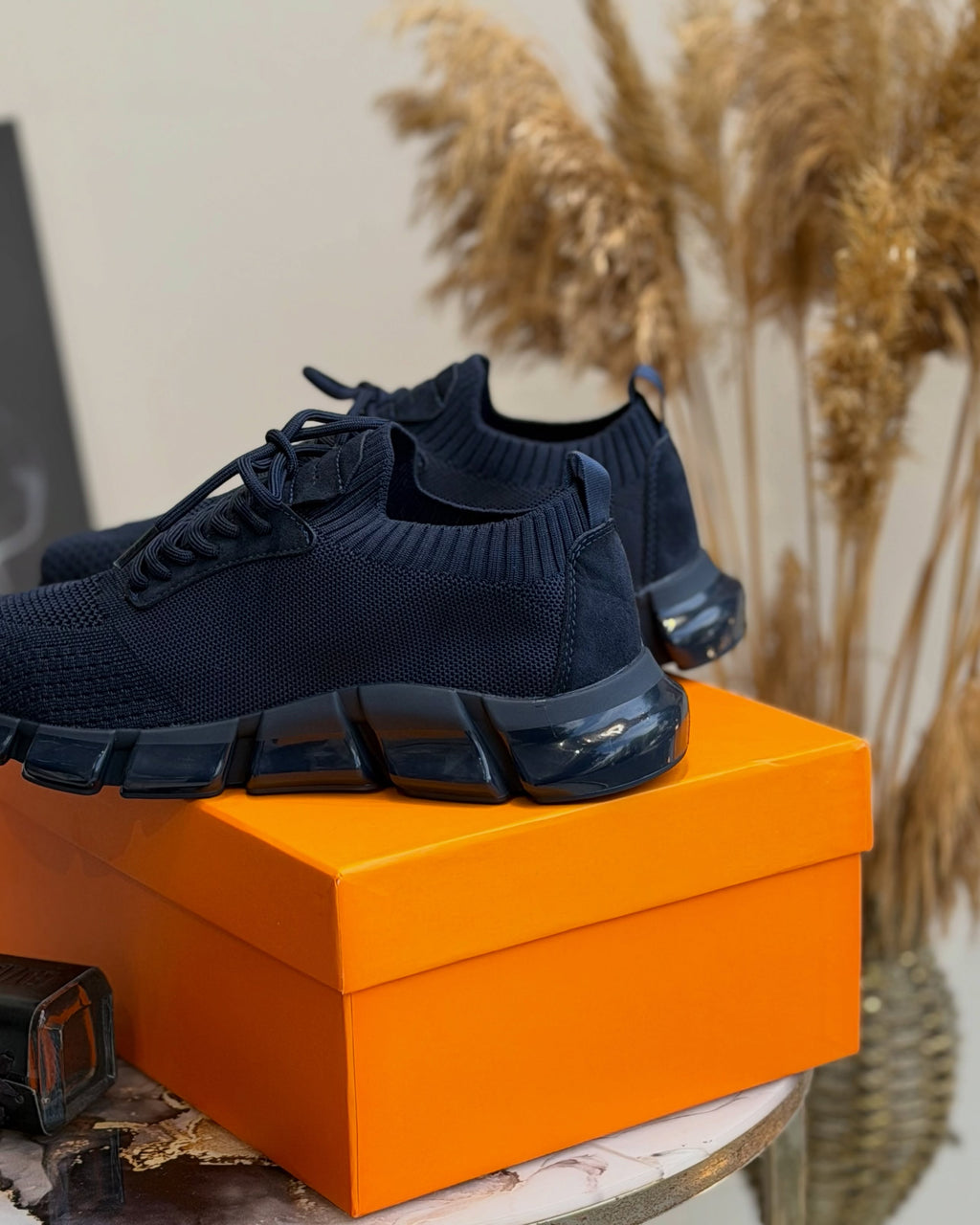 Men's Navy Mesh Knit Sneakers - Breathable Air Cushion Running Shoes