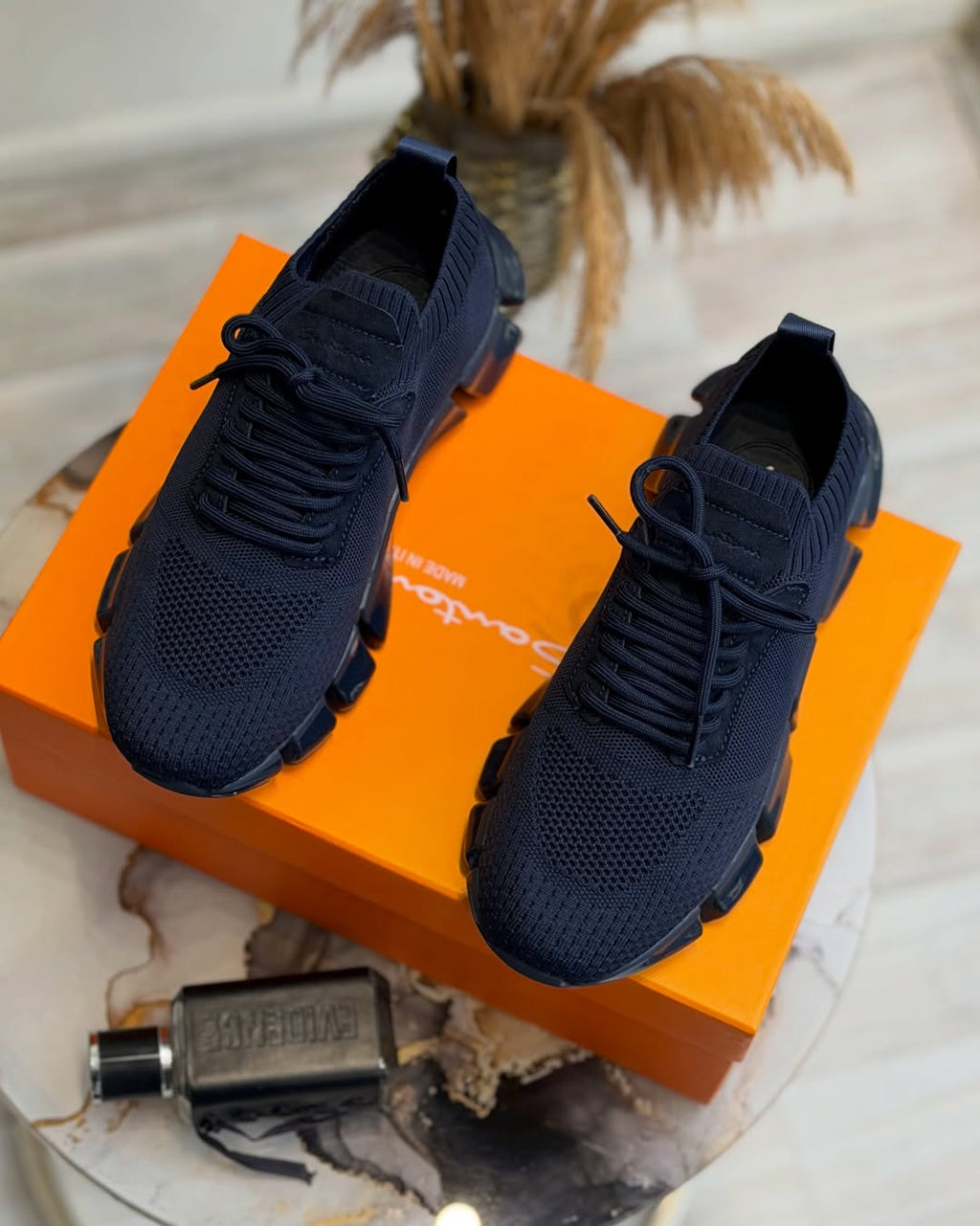 Men's Navy Mesh Knit Sneakers - Breathable Air Cushion Running Shoes