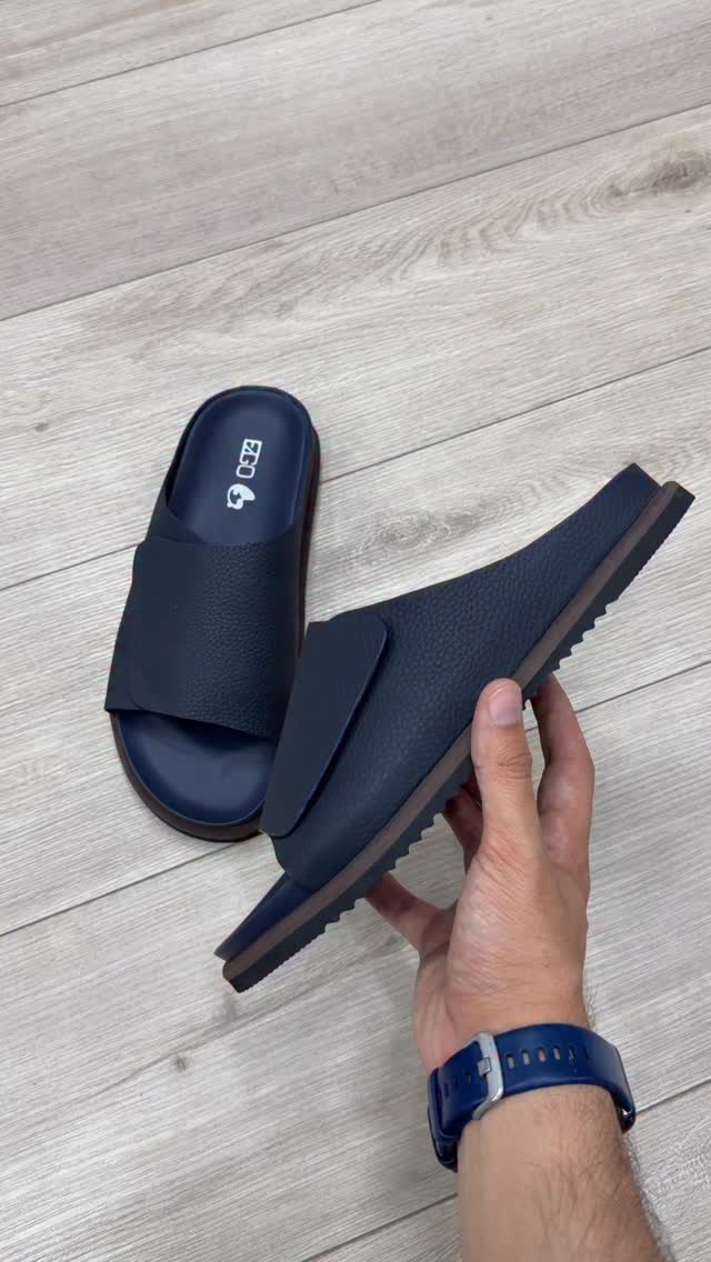 Men's Navy Leather Adjustable Slide Sandals - Casual Summer Footwear