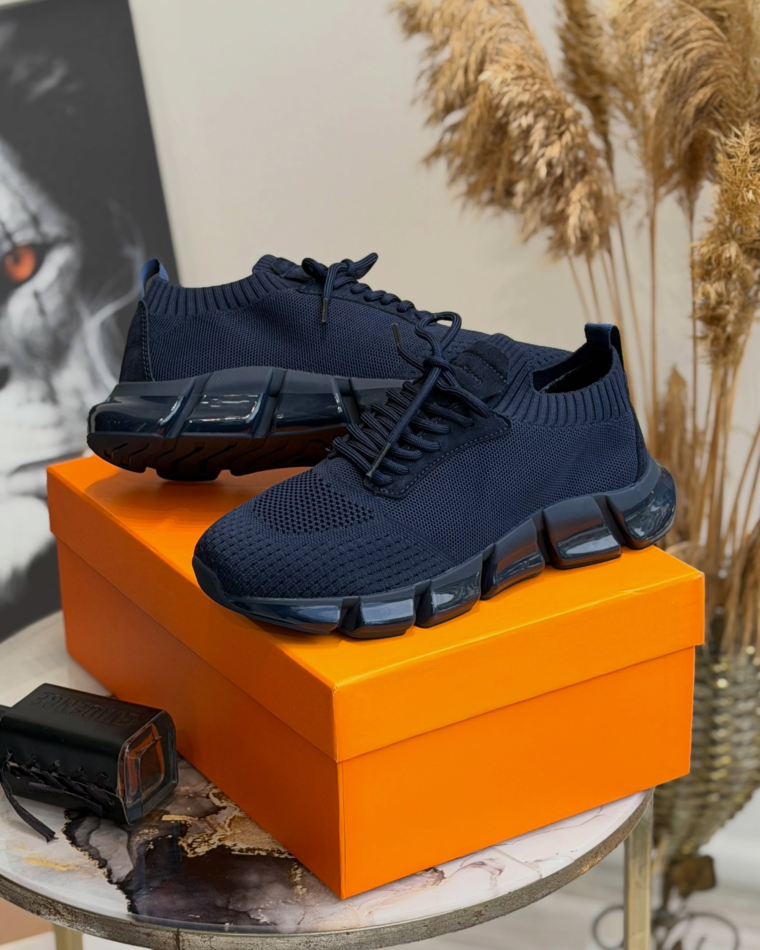 Men's Navy Mesh Knit Sneakers - Breathable Air Cushion Running Shoes
