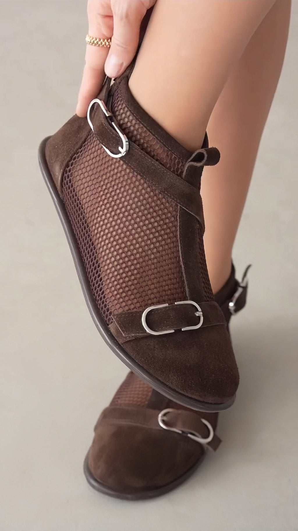 Retro Suede Mesh Buckle Ankle Boots, Breathable Cutout Booties For Women
