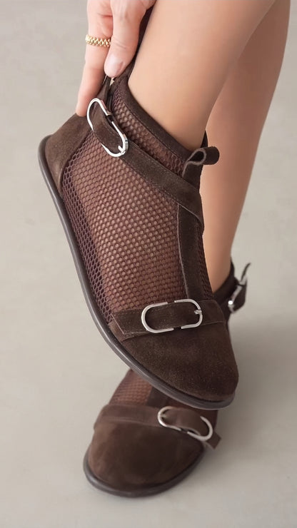 Retro Suede Mesh Buckle Ankle Boots, Breathable Cutout Booties For Women