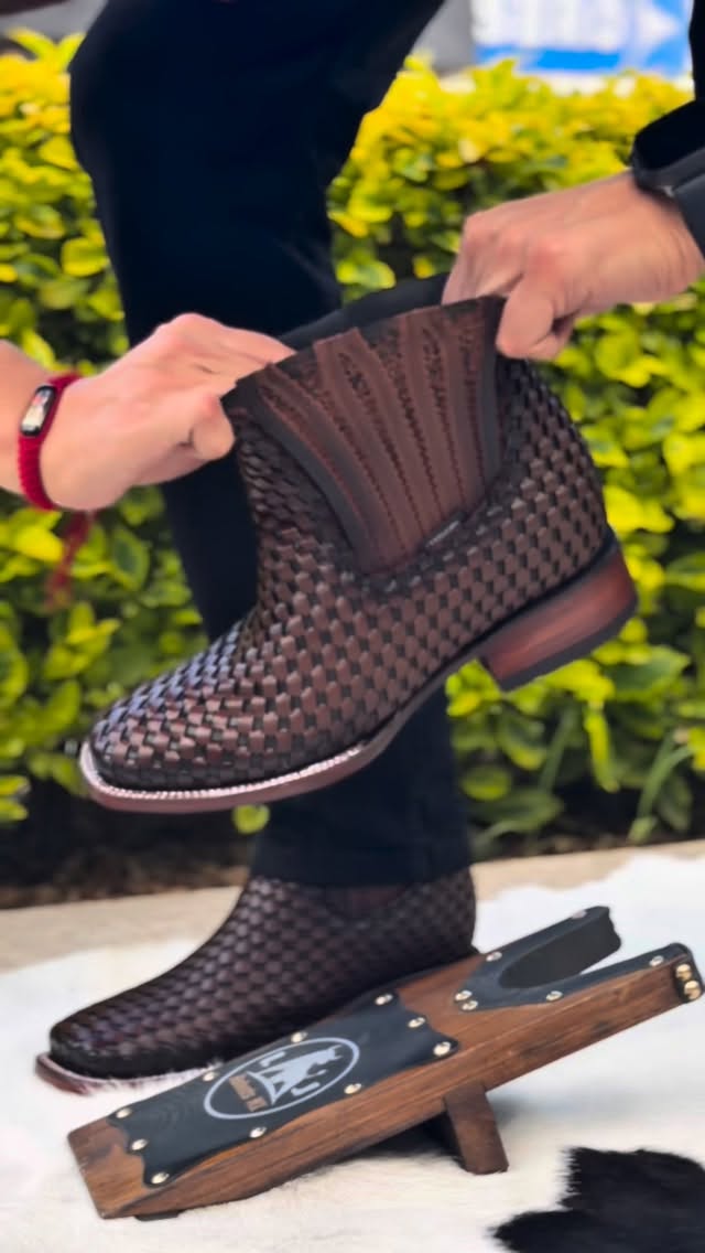 Men's Brown Western Chelsea Boots | Rugged Pull-On Cowboy Ankle Boots With Yellow Pull Tabs