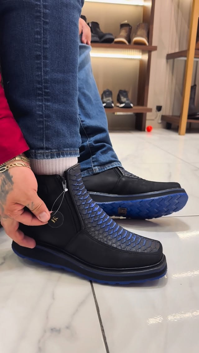 Men's Iridescent Blue Fish Scale Embossed Side Zip Platform Ankle Boots, Slip On Luxury Casual Footwear