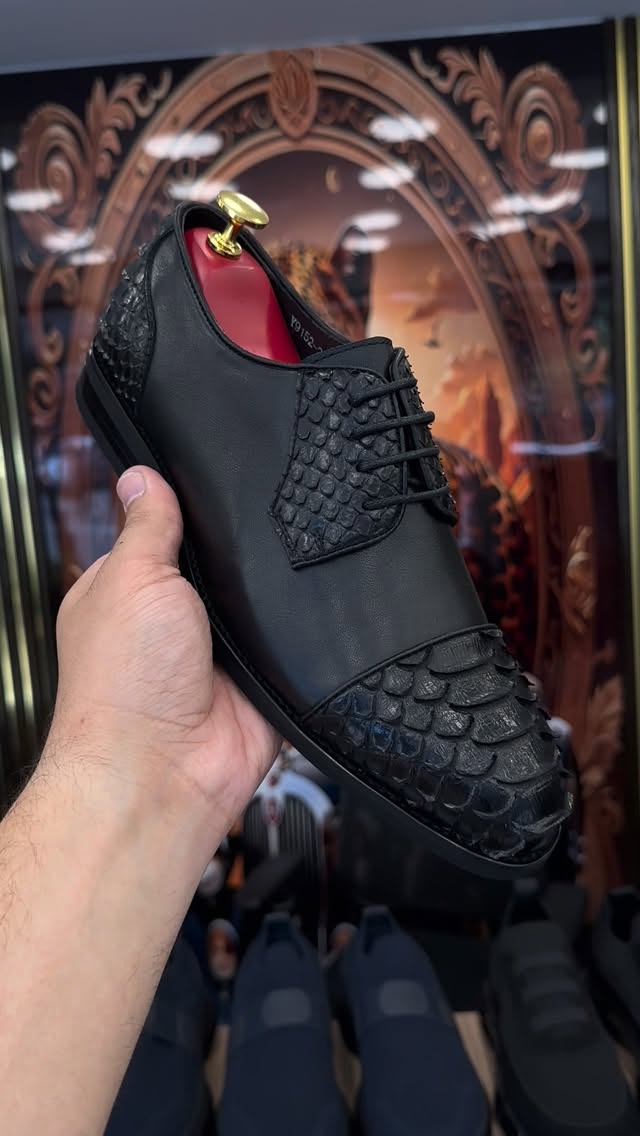 Men's Black Python-Embossed Leather Oxford Shoes -Lace-Up Formal Dress Shoes