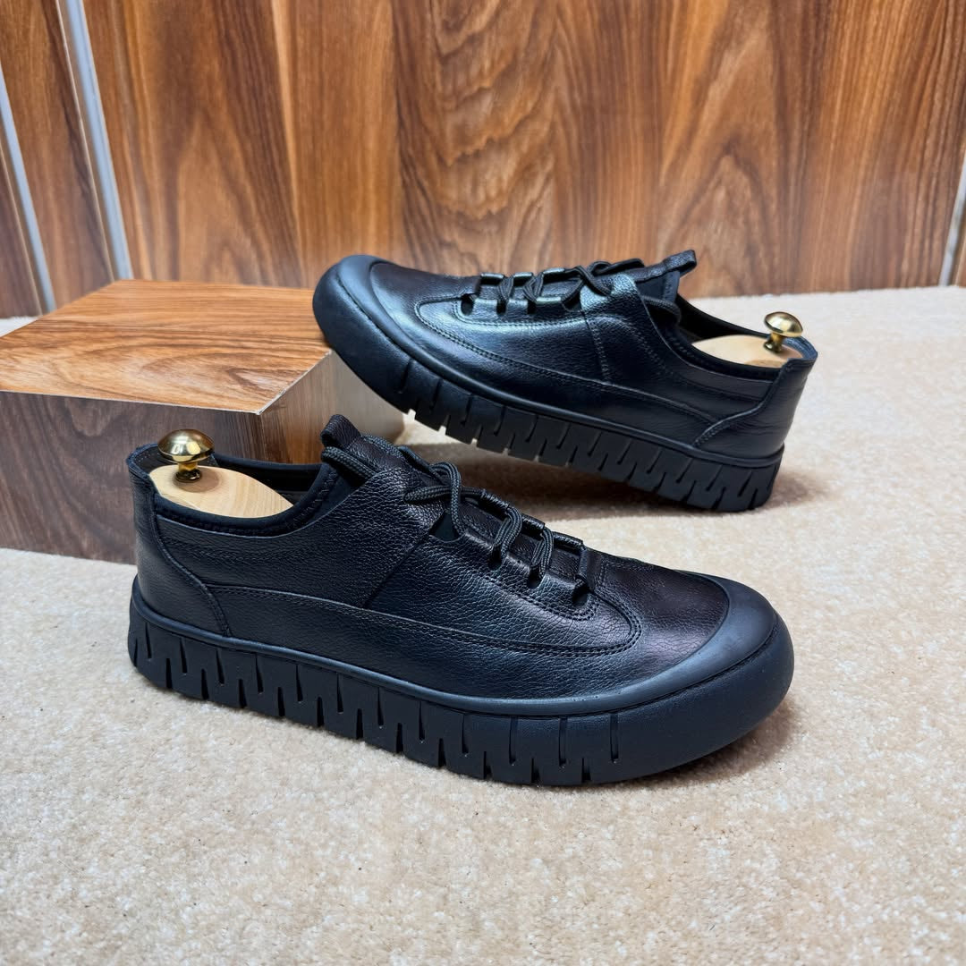Men's Platform Leather Casual Shoes Black Chunky Sole Lace-Up Sneakers