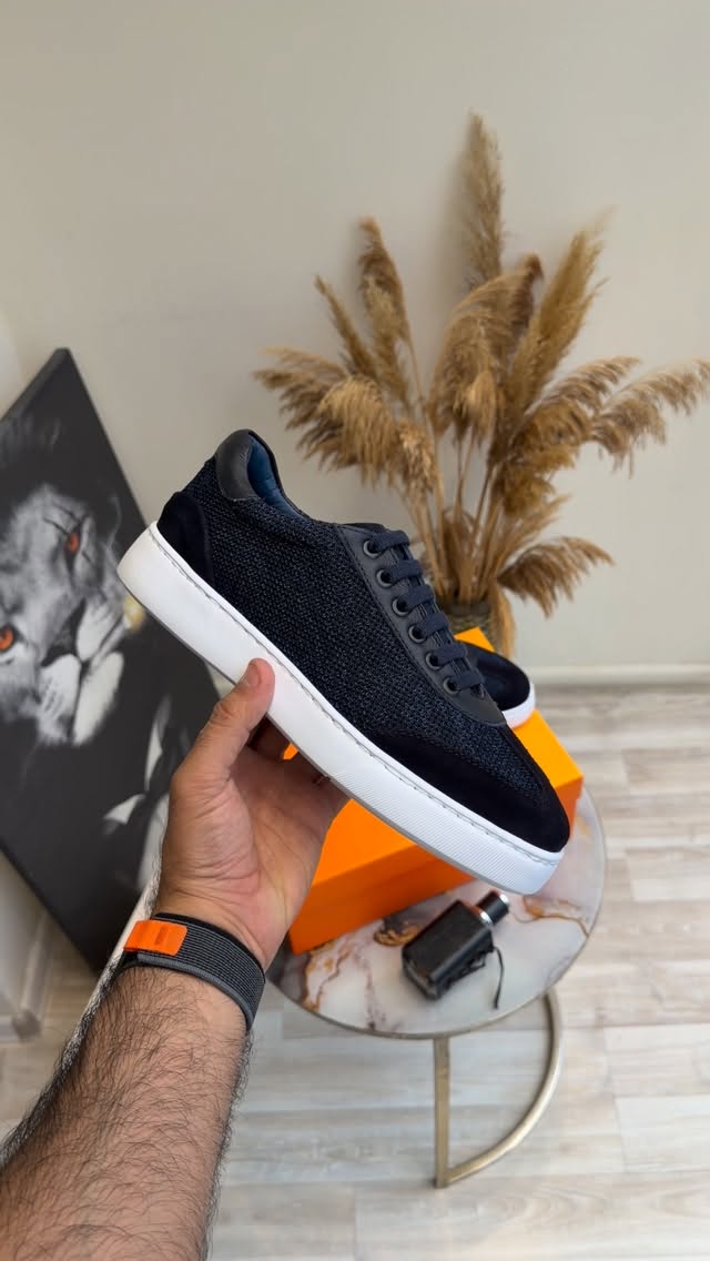 Men's Navy Knit & Suede Casual Sneakers - Low-Top Everyday Shoes